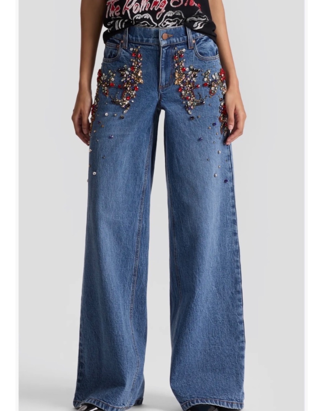 Alice + Olivia Amazing Crystal Embellished Detail Baggy Wide Leg Jeans size 26